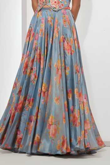Buy Aum By Asit And Ashima Blue Sequins, Beads, Crystals Azure Bloom Embroidered Corset And Printed Skirt Set Online at Aza Fashions Buy_Aum By Asit And Ashima_Blue Sequins, Beads, Crystals Azure Bloom Embroidered Corset And Printed Skirt Set _Online_at_Aza_Fashions