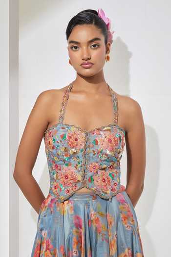 Shop Aum By Asit And Ashima Blue Sequins, Beads, Crystals Azure Bloom Embroidered Corset And Printed Skirt Set Online at Aza Fashions Shop_Aum By Asit And Ashima_Blue Sequins, Beads, Crystals Azure Bloom Embroidered Corset And Printed Skirt Set _Online_at_Aza_Fashions