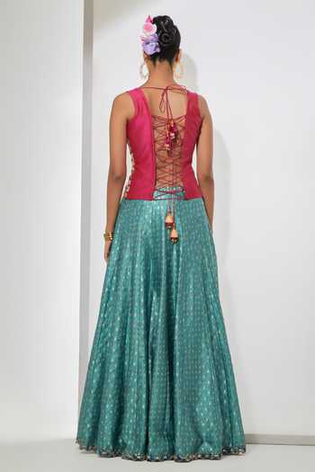 Aum By Asit And Ashima Vest & Teal Banarasi Lehenga Set 