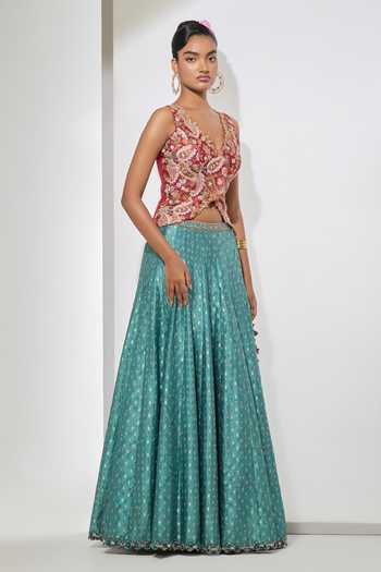 Aum By Asit And Ashima Fuchsia , Brocade, Raw V-neck Vest And Teal Banarasi Lehenga Set Online at Aza Fashions Aum By Asit And Ashima_Fuchsia , Brocade, Raw V-neck Vest And Teal Banarasi Lehenga Set _Online_at_Aza_Fashions