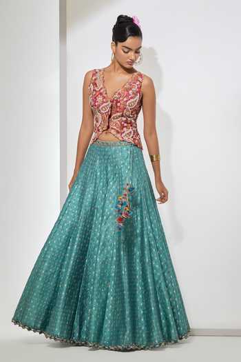 Aum By Asit And Ashima Vest & Teal Banarasi Lehenga Set 