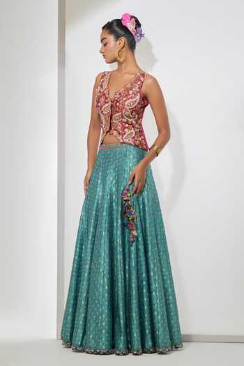 Buy Aum By Asit And Ashima Fuchsia , Brocade, Raw V-neck Vest And Teal Banarasi Lehenga Set Online at Aza Fashions Buy_Aum By Asit And Ashima_Fuchsia , Brocade, Raw V-neck Vest And Teal Banarasi Lehenga Set _Online_at_Aza_Fashions