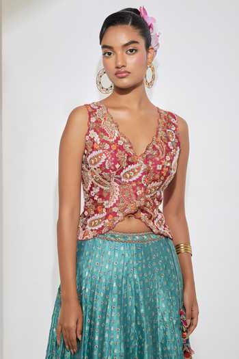 Aum By Asit And Ashima Fuchsia , Brocade, Raw V-neck Vest And Teal Banarasi Lehenga Set at Aza Fashions Aum By Asit And Ashima_Fuchsia , Brocade, Raw V-neck Vest And Teal Banarasi Lehenga Set _at_Aza_Fashions