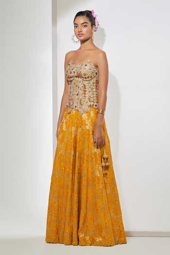 Aum By Asit And Ashima Ivory , Tissue, Raw Sequins, Beads, Antique Gold Corset And Lehenga Set Online at Aza Fashions Aum By Asit And Ashima_Ivory , Tissue, Raw Sequins, Beads, Antique Gold Corset And Lehenga Set _Online_at_Aza_Fashions