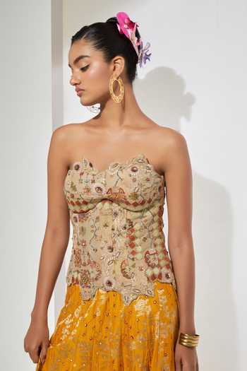 Shop Aum By Asit And Ashima Ivory , Tissue, Raw Sequins, Beads, Antique Gold Corset And Lehenga Set Online at Aza Fashions Shop_Aum By Asit And Ashima_Ivory , Tissue, Raw Sequins, Beads, Antique Gold Corset And Lehenga Set _Online_at_Aza_Fashions