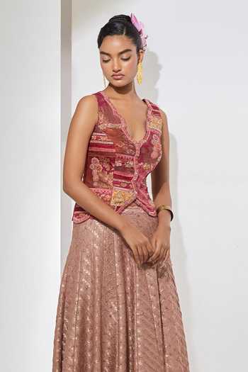Aum By Asit And Ashima_Maroon , Brocade, Raw Plunge Neck Banarasi Vest And Bandani Lehenga Set _Online_at_Aza_Fashions