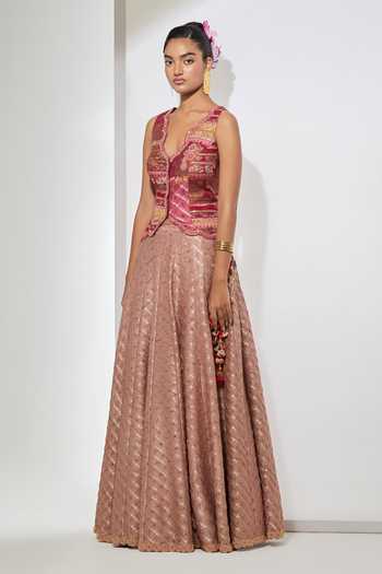 Buy_Aum By Asit And Ashima_Maroon , Brocade, Raw Plunge Neck Banarasi Vest And Bandani Lehenga Set _Online_at_Aza_Fashions