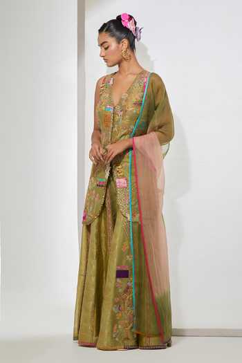 Aum By Asit And Ashima Green Raw , , Organza V-neck, Sage Embroidered Kurta Sharara Set Online at Aza Fashions Aum By Asit And Ashima_Green Raw , , Organza V-neck, Sage Embroidered Kurta Sharara Set _Online_at_Aza_Fashions