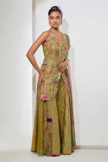 Buy Aum By Asit And Ashima Green Raw , , Organza V-neck, Sage Embroidered Kurta Sharara Set Online at Aza Fashions Buy_Aum By Asit And Ashima_Green Raw , , Organza V-neck, Sage Embroidered Kurta Sharara Set _Online_at_Aza_Fashions