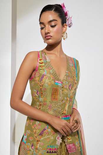 Shop Aum By Asit And Ashima Green Raw , , Organza V-neck, Sage Embroidered Kurta Sharara Set Online at Aza Fashions Shop_Aum By Asit And Ashima_Green Raw , , Organza V-neck, Sage Embroidered Kurta Sharara Set _Online_at_Aza_Fashions