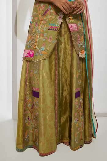 Aum By Asit And Ashima Green Raw , , Organza V-neck, Sage Embroidered Kurta Sharara Set at Aza Fashions Aum By Asit And Ashima_Green Raw , , Organza V-neck, Sage Embroidered Kurta Sharara Set _at_Aza_Fashions