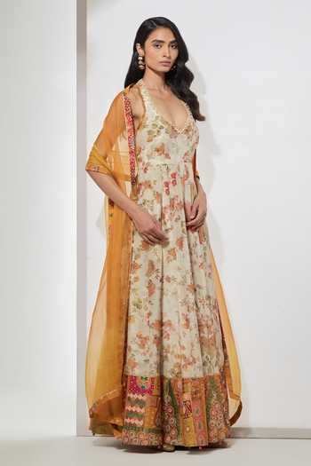 Aum By Asit And Ashima Cream Silk Organza Halter Neck Floral Print Anarkali With Dupatta Online at Aza Fashions Aum By Asit And Ashima_Cream Silk Organza Halter Neck Floral Print Anarkali With Dupatta _Online_at_Aza_Fashions