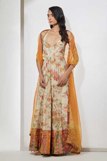 Buy Aum By Asit And Ashima Cream Silk Organza Halter Neck Floral Print Anarkali With Dupatta Online at Aza Fashions Buy_Aum By Asit And Ashima_Cream Silk Organza Halter Neck Floral Print Anarkali With Dupatta _Online_at_Aza_Fashions
