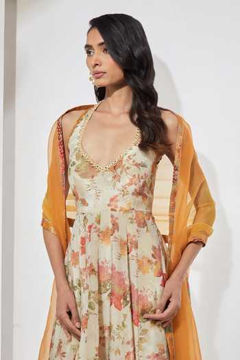 Shop Aum By Asit And Ashima Cream Silk Organza Halter Neck Floral Print Anarkali With Dupatta Online at Aza Fashions Shop_Aum By Asit And Ashima_Cream Silk Organza Halter Neck Floral Print Anarkali With Dupatta _Online_at_Aza_Fashions