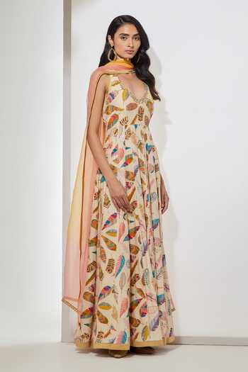 Aum By Asit And Ashima Ivory , Organza Halter Feather Print Embellished Anarkali With Dupatta Online at Aza Fashions Aum By Asit And Ashima_Ivory , Organza Halter Feather Print Embellished Anarkali With Dupatta _Online_at_Aza_Fashions