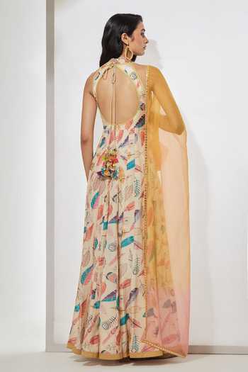 Aum By Asit And Ashima Feather Print Embellished Anarkali With Dupatta 