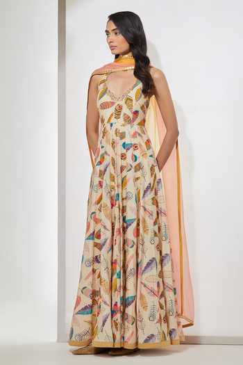 Buy Aum By Asit And Ashima Ivory , Organza Halter Feather Print Embellished Anarkali With Dupatta Online at Aza Fashions Buy_Aum By Asit And Ashima_Ivory , Organza Halter Feather Print Embellished Anarkali With Dupatta _Online_at_Aza_Fashions