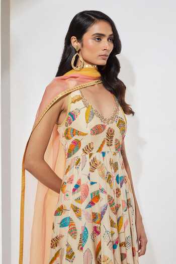 Shop Aum By Asit And Ashima Ivory , Organza Halter Feather Print Embellished Anarkali With Dupatta Online at Aza Fashions Shop_Aum By Asit And Ashima_Ivory , Organza Halter Feather Print Embellished Anarkali With Dupatta _Online_at_Aza_Fashions