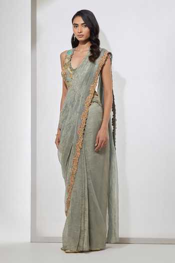 Aum By Asit And Ashima Blue , Tissue, Raw V-neck Embellished Pre-draped Saree With Blouse Online at Aza Fashions Aum By Asit And Ashima_Blue , Tissue, Raw V-neck Embellished Pre-draped Saree With Blouse _Online_at_Aza_Fashions