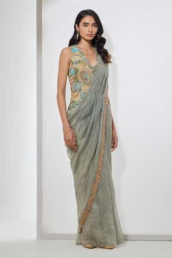 Buy Aum By Asit And Ashima Blue , Tissue, Raw V-neck Embellished Pre-draped Saree With Blouse Online at Aza Fashions Buy_Aum By Asit And Ashima_Blue , Tissue, Raw V-neck Embellished Pre-draped Saree With Blouse _Online_at_Aza_Fashions