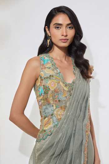 Shop Aum By Asit And Ashima Blue , Tissue, Raw V-neck Embellished Pre-draped Saree With Blouse Online at Aza Fashions Shop_Aum By Asit And Ashima_Blue , Tissue, Raw V-neck Embellished Pre-draped Saree With Blouse _Online_at_Aza_Fashions