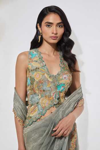 Aum By Asit And Ashima Blue , Tissue, Raw V-neck Embellished Pre-draped Saree With Blouse at Aza Fashions Aum By Asit And Ashima_Blue , Tissue, Raw V-neck Embellished Pre-draped Saree With Blouse _at_Aza_Fashions