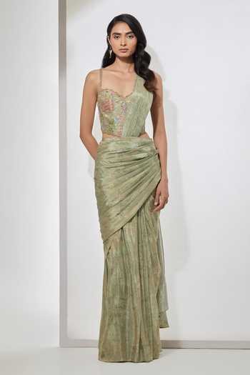 Aum By Asit And Ashima Green Sweetheart Neck, One Shoulder Embellished Pre-draped Saree And Blouse Online at Aza Fashions Aum By Asit And Ashima_Green Sweetheart Neck, One Shoulder Embellished Pre-draped Saree And Blouse _Online_at_Aza_Fashions