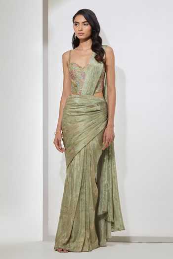 Buy Aum By Asit And Ashima Green Sweetheart Neck, One Shoulder Embellished Pre-draped Saree And Blouse Online at Aza Fashions Buy_Aum By Asit And Ashima_Green Sweetheart Neck, One Shoulder Embellished Pre-draped Saree And Blouse _Online_at_Aza_Fashions