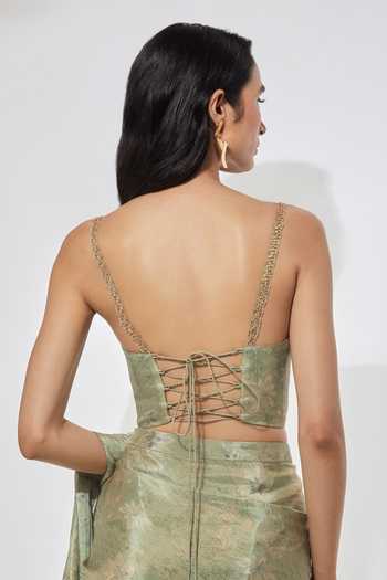 Shop Aum By Asit And Ashima Green Sweetheart Neck, One Shoulder Embellished Pre-draped Saree And Blouse Online at Aza Fashions Shop_Aum By Asit And Ashima_Green Sweetheart Neck, One Shoulder Embellished Pre-draped Saree And Blouse _Online_at_Aza_Fashions