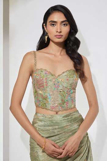 Aum By Asit And Ashima Green Sweetheart Neck, One Shoulder Embellished Pre-draped Saree And Blouse at Aza Fashions Aum By Asit And Ashima_Green Sweetheart Neck, One Shoulder Embellished Pre-draped Saree And Blouse _at_Aza_Fashions