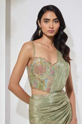 Buy Aum By Asit And Ashima Green Sweetheart Neck, One Shoulder Embellished Pre-draped Saree And Blouse Buy_Aum By Asit And Ashima_Green Sweetheart Neck, One Shoulder Embellished Pre-draped Saree And Blouse