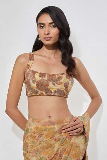 Aum By Asit And Ashima Yellow Tissue Square Neck Golden Meadow Sequin Pre-draped Saree Set Online at Aza Fashions Aum By Asit And Ashima_Yellow Tissue Square Neck Golden Meadow Sequin Pre-draped Saree Set _Online_at_Aza_Fashions