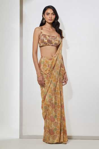 Buy Aum By Asit And Ashima Yellow Tissue Square Neck Golden Meadow Sequin Pre-draped Saree Set Online at Aza Fashions Buy_Aum By Asit And Ashima_Yellow Tissue Square Neck Golden Meadow Sequin Pre-draped Saree Set _Online_at_Aza_Fashions