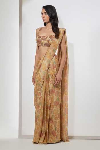 Shop Aum By Asit And Ashima Yellow Tissue Square Neck Golden Meadow Sequin Pre-draped Saree Set Online at Aza Fashions Shop_Aum By Asit And Ashima_Yellow Tissue Square Neck Golden Meadow Sequin Pre-draped Saree Set _Online_at_Aza_Fashions