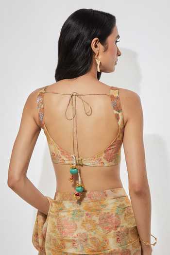 Aum By Asit And Ashima Yellow Tissue Square Neck Golden Meadow Sequin Pre-draped Saree Set at Aza Fashions Aum By Asit And Ashima_Yellow Tissue Square Neck Golden Meadow Sequin Pre-draped Saree Set _at_Aza_Fashions