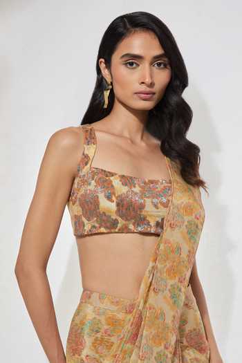 Buy Aum By Asit And Ashima Yellow Tissue Square Neck Golden Meadow Sequin Pre-draped Saree Set Buy_Aum By Asit And Ashima_Yellow Tissue Square Neck Golden Meadow Sequin Pre-draped Saree Set