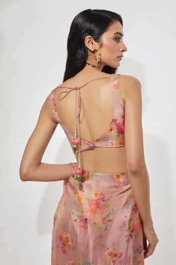 Aum By Asit And Ashima Pink Sweetheart Neck Floral Print Pre-draped Saree With Blouse Set Online at Aza Fashions Aum By Asit And Ashima_Pink Sweetheart Neck Floral Print Pre-draped Saree With Blouse Set _Online_at_Aza_Fashions