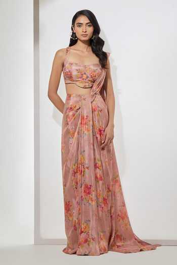 Aum By Asit And Ashima Floral Print Pre-Draped Saree With Blouse Set 