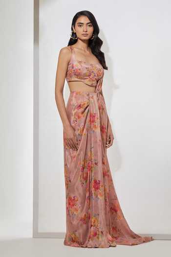 Buy Aum By Asit And Ashima Pink Sweetheart Neck Floral Print Pre-draped Saree With Blouse Set Online at Aza Fashions Buy_Aum By Asit And Ashima_Pink Sweetheart Neck Floral Print Pre-draped Saree With Blouse Set _Online_at_Aza_Fashions