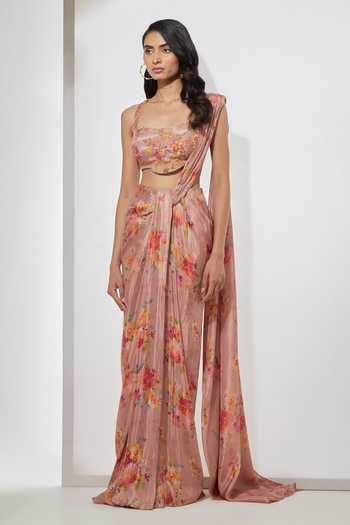 Shop Aum By Asit And Ashima Pink Sweetheart Neck Floral Print Pre-draped Saree With Blouse Set Online at Aza Fashions Shop_Aum By Asit And Ashima_Pink Sweetheart Neck Floral Print Pre-draped Saree With Blouse Set _Online_at_Aza_Fashions