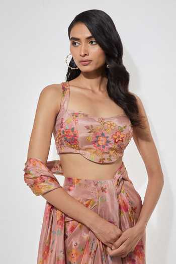 Aum By Asit And Ashima Pink Sweetheart Neck Floral Print Pre-draped Saree With Blouse Set at Aza Fashions Aum By Asit And Ashima_Pink Sweetheart Neck Floral Print Pre-draped Saree With Blouse Set _at_Aza_Fashions