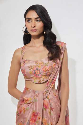 Buy Aum By Asit And Ashima Pink Sweetheart Neck Floral Print Pre-draped Saree With Blouse Set Buy_Aum By Asit And Ashima_Pink Sweetheart Neck Floral Print Pre-draped Saree With Blouse Set