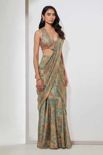Aum By Asit And Ashima Beige Scoop Neck Paisley Shimmer Foil Print Saree And Blouse Online at Aza Fashions Aum By Asit And Ashima_Beige Scoop Neck Paisley Shimmer Foil Print Saree And Blouse _Online_at_Aza_Fashions