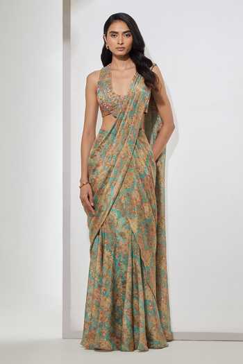 Buy Aum By Asit And Ashima Beige Scoop Neck Paisley Shimmer Foil Print Saree And Blouse Online at Aza Fashions Buy_Aum By Asit And Ashima_Beige Scoop Neck Paisley Shimmer Foil Print Saree And Blouse _Online_at_Aza_Fashions