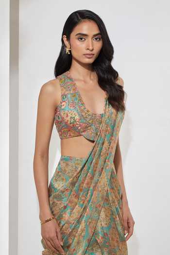 Shop Aum By Asit And Ashima Beige Scoop Neck Paisley Shimmer Foil Print Saree And Blouse Online at Aza Fashions Shop_Aum By Asit And Ashima_Beige Scoop Neck Paisley Shimmer Foil Print Saree And Blouse _Online_at_Aza_Fashions