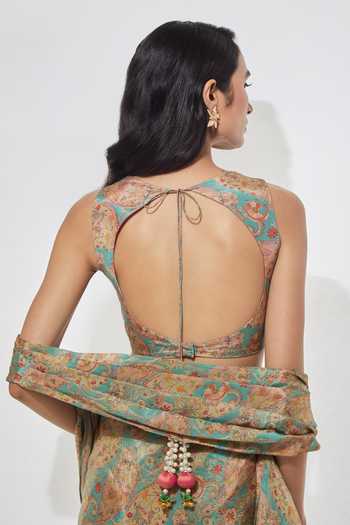 Aum By Asit And Ashima Beige Scoop Neck Paisley Shimmer Foil Print Saree And Blouse at Aza Fashions Aum By Asit And Ashima_Beige Scoop Neck Paisley Shimmer Foil Print Saree And Blouse _at_Aza_Fashions