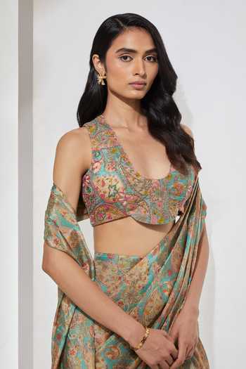 Buy Aum By Asit And Ashima Beige Scoop Neck Paisley Shimmer Foil Print Saree And Blouse Buy_Aum By Asit And Ashima_Beige Scoop Neck Paisley Shimmer Foil Print Saree And Blouse