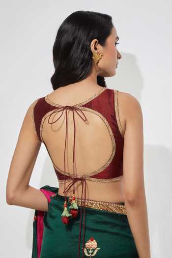 Aum By Asit And Ashima Green Raw , Sweetheart Neck Emerald Embroidered Saree With Blouse Online at Aza Fashions Aum By Asit And Ashima_Green Raw , Sweetheart Neck Emerald Embroidered Saree With Blouse _Online_at_Aza_Fashions