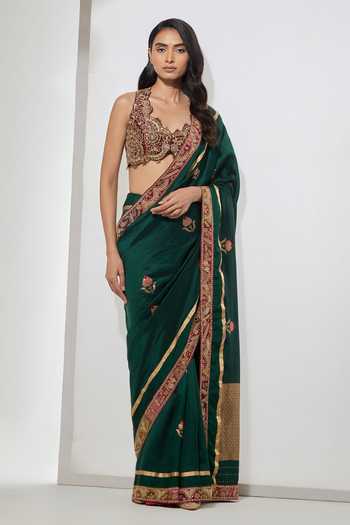Aum By Asit And Ashima Emerald Green Embroidered Saree With Blouse 