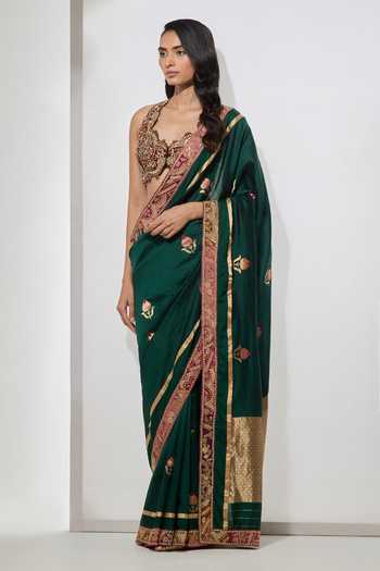 Buy Aum By Asit And Ashima Green Raw , Sweetheart Neck Emerald Embroidered Saree With Blouse Online at Aza Fashions Buy_Aum By Asit And Ashima_Green Raw , Sweetheart Neck Emerald Embroidered Saree With Blouse _Online_at_Aza_Fashions